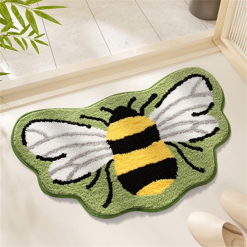 Ankah Shower Rug Bath Mat Forest Series Cartoon Design Bathroom Rug, Fluffy, Soft, Non-Slip, Durable, Absorbent Bath Rug, Irregular Plant Shaped Door Mat and Carpet, 19.68"x 31.49", Bee - Image 1