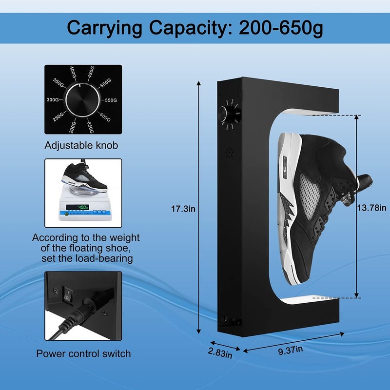 UVEHAS Floating Shoe Display Magnetic Levitation Sneaker Stand with LED Light Rotating Levitating Holder Rack for Shoes Collectors Advertising Exhibition Store Show Home Decoration, Black - Image 3