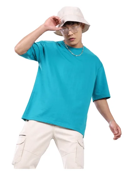 بيونغ Aqua Blue Looper Solid Oversized Tshirt for Men