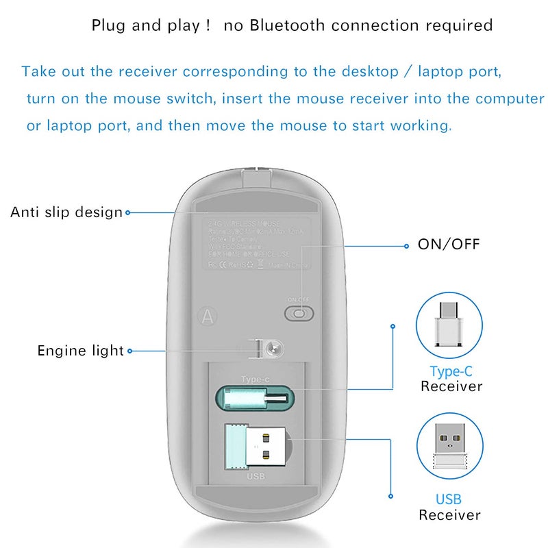 JETTA Wireless Mouse for MacBook Pro, MacBook Air, Laptop, Desktop, Chromebook, Win7/8/10/11, PC - Silver - Image 3