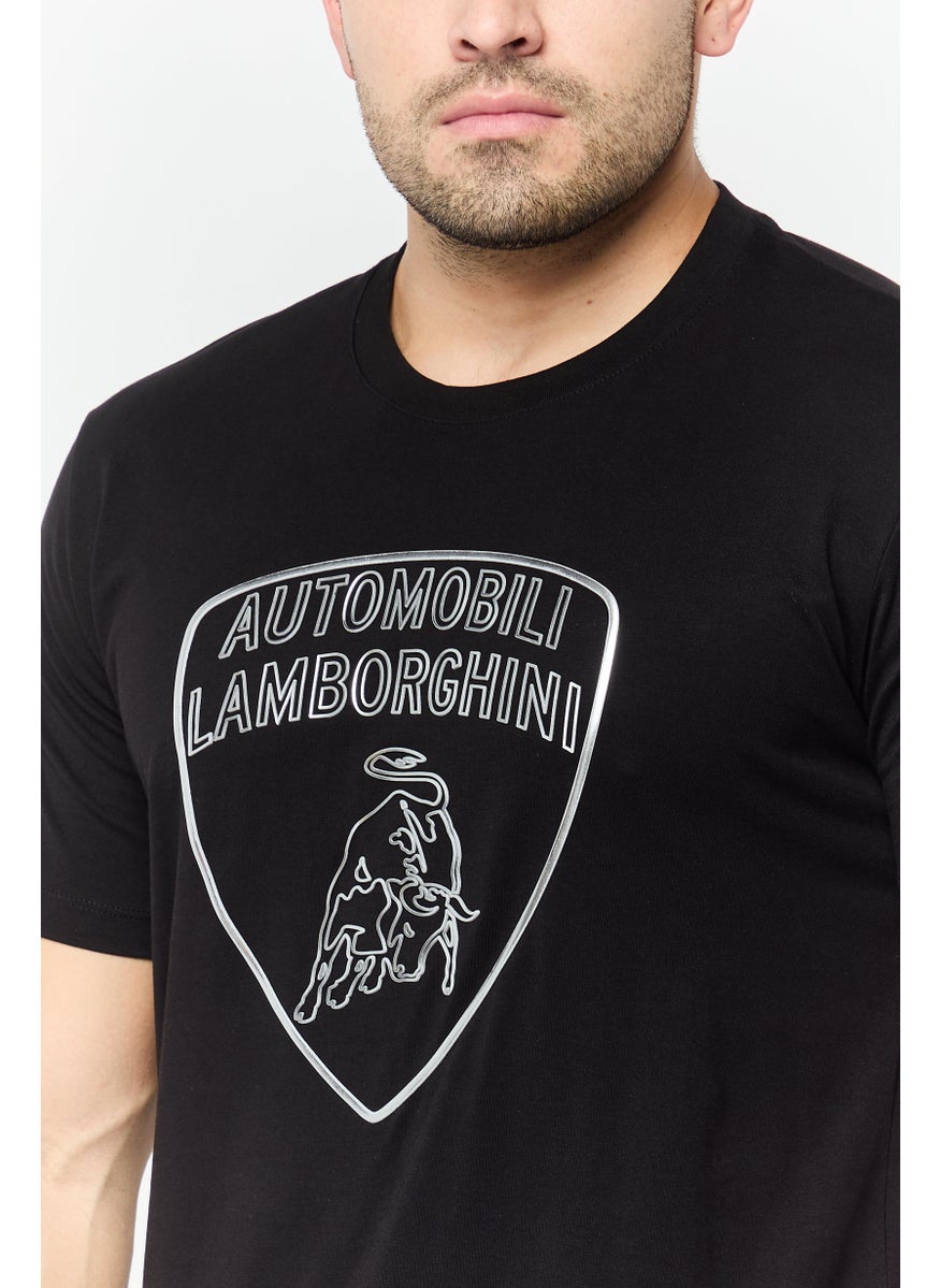 LAMBORGHINI - Men Crew Neck Short Sleeves Brand Logo T-Shirt, Black - Image 1