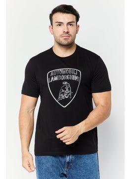 Men Crew Neck Short Sleeves Brand Logo T-Shirt, Black