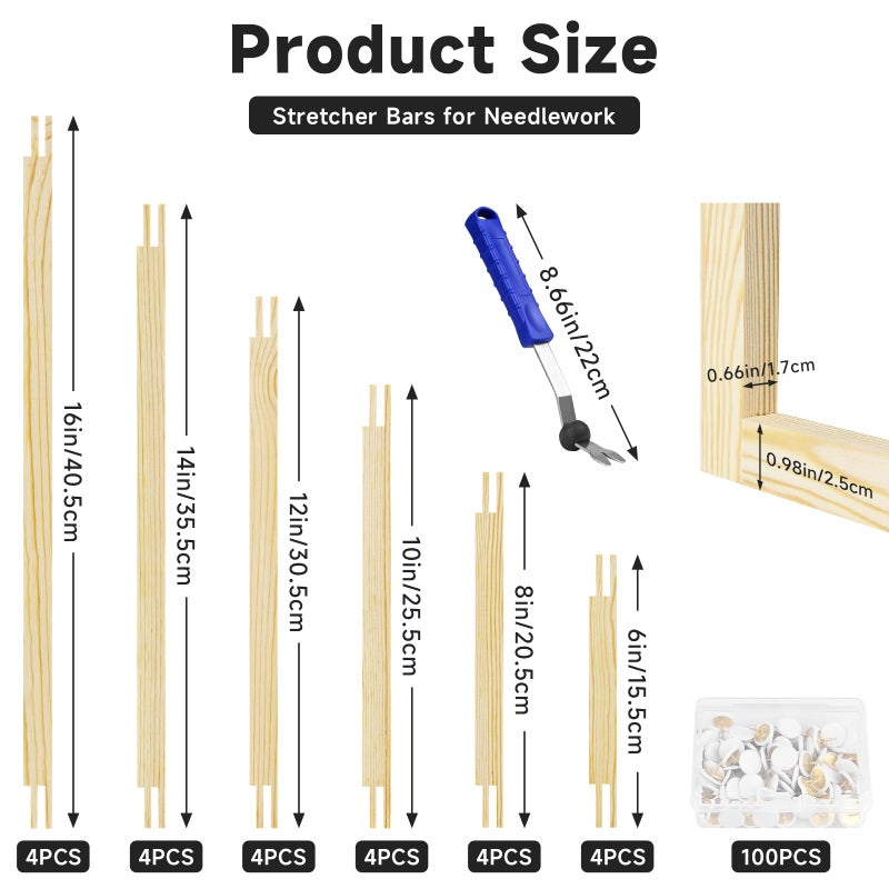 BALLMENT 24 Pcs 6 Sizes Stretcher Bars Kit with 100 Tacks & Tool, Build Frames to 16x20, for Needlepoint, Canvas, Embroidery, Cross Stitch, Tapestry - Image 3
