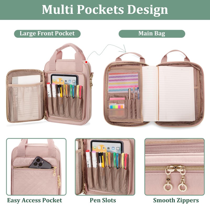 Teamoy Journal Supplies Storage Case, Journal Supplies Holder with Pen Slots, Travel Organizer Holder for B5 Notebooks, Planner, Pens, Journal Supplies and Accessories, Pink Quilted - Image 3