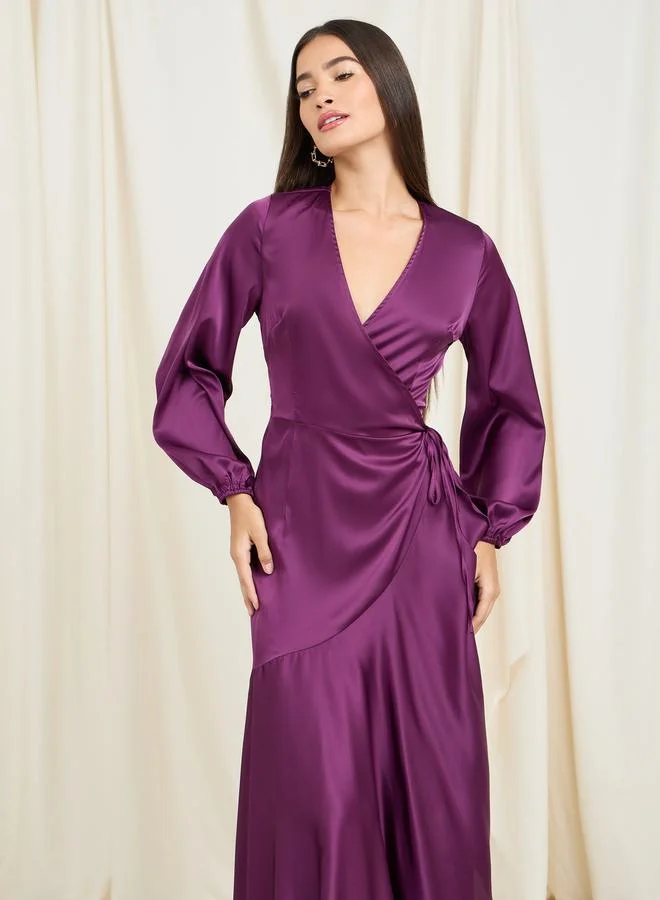 Styli Satin Ruffle Asymmetric Hem Wrap Maxi Dress