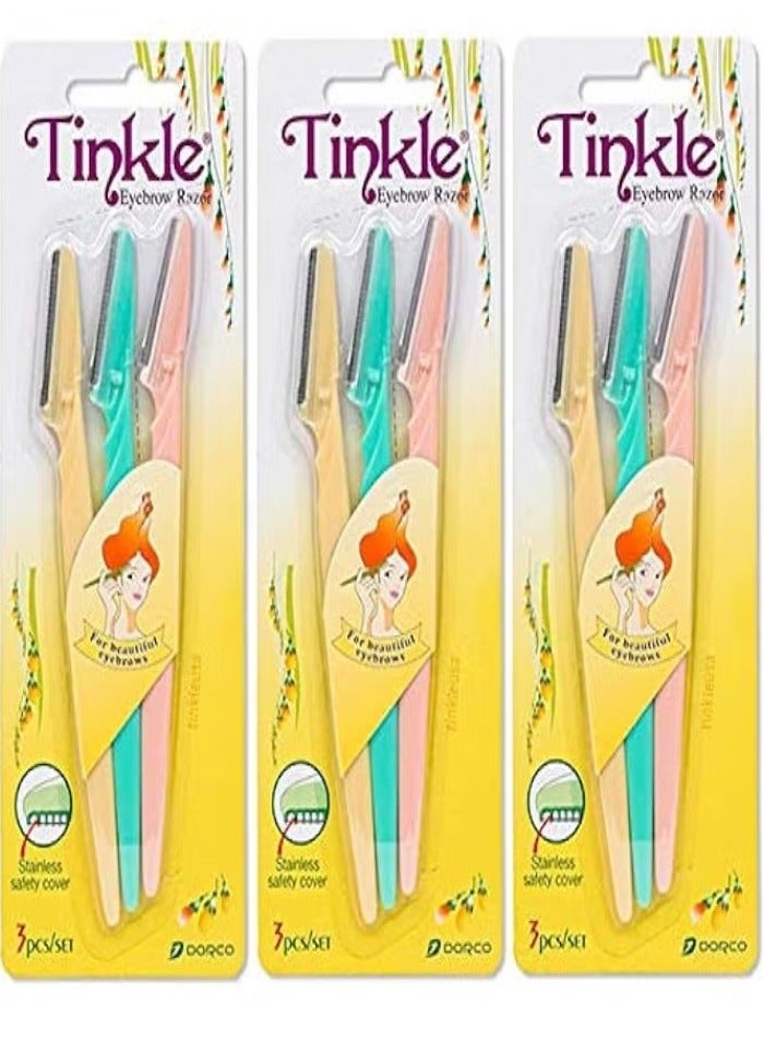 Tinkle Dermaplaning Tool 9ct, Dermaplane Razor for Women, Safe and Easy Peach Fuzz Remover, Eyebrow Trimmer with Protective Cover (3 Packs of 3),