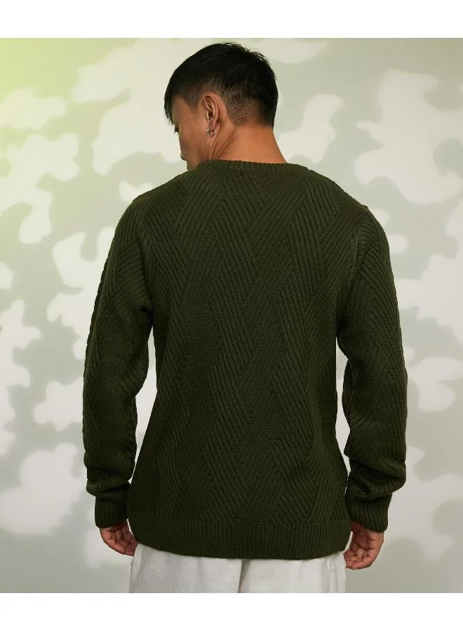 Campus Sutra Men's Army Green Basket-Knit Pullover Sweater