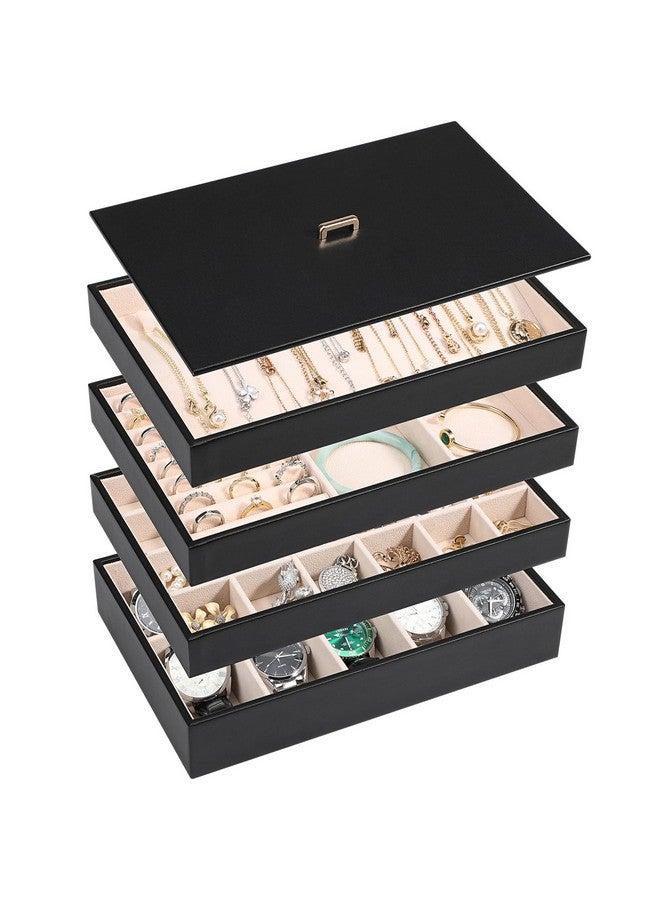 Voova Stackable Jewelry Organizer Tray with Lid, PU Leather Jewelry Storage Holder for Drawer Inserts, Jewellery Display Box Case for Earring Necklace Ring Watch Bracelet (Set of 4, Black) - Image 1