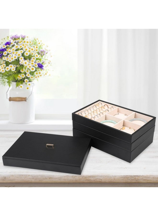 Voova Stackable Jewelry Organizer Tray with Lid, PU Leather Jewelry Storage Holder for Drawer Inserts, Jewellery Display Box Case for Earring Necklace Ring Watch Bracelet (Set of 4, Black) - Image 4