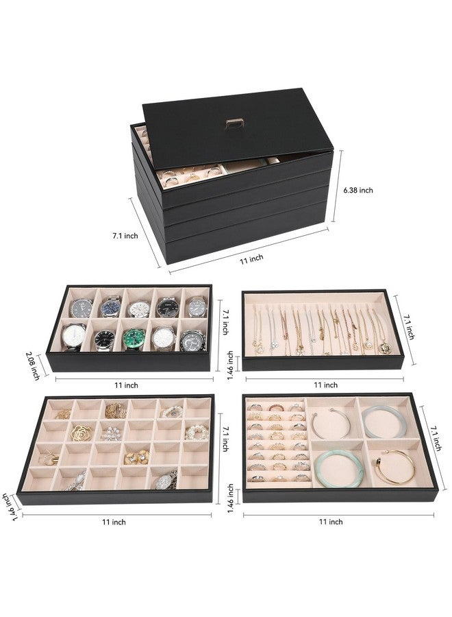 Voova Stackable Jewelry Organizer Tray with Lid, PU Leather Jewelry Storage Holder for Drawer Inserts, Jewellery Display Box Case for Earring Necklace Ring Watch Bracelet (Set of 4, Black) - Image 5