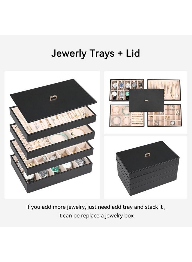 Voova Stackable Jewelry Organizer Tray with Lid, PU Leather Jewelry Storage Holder for Drawer Inserts, Jewellery Display Box Case for Earring Necklace Ring Watch Bracelet (Set of 4, Black) - Image 3