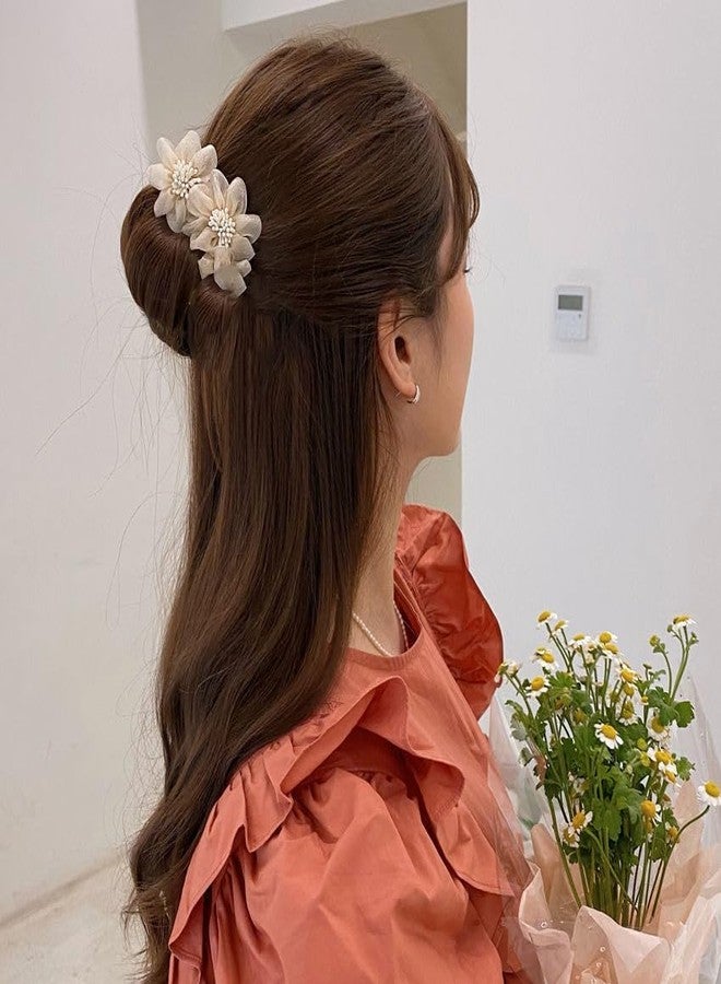 DORMITORRY 2 Pcs Elegant Floral Hair Clips for Women Girls, Handmade Flower Hair Pins with Pearls, Stylish Korean Hair Accessories for Daily, Party Bun Juda Look for Long Thick Hair, Multicolor. - Image 5