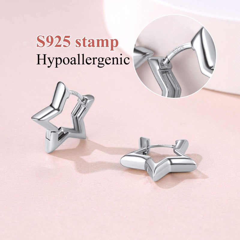 FindChic Star Earrings for Sensitive Ears, Platinum Plated Silver Star Hoop Earrings, Hypoallergenic Small Huggie Hoops with Sterling Silver Post, Lightweight Funky Cute Jewelry, Christmas Gifts - Image 4