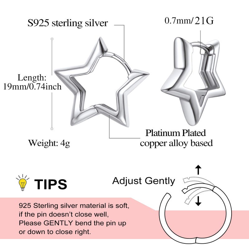 FindChic Star Earrings for Sensitive Ears, Platinum Plated Silver Star Hoop Earrings, Hypoallergenic Small Huggie Hoops with Sterling Silver Post, Lightweight Funky Cute Jewelry, Christmas Gifts - Image 5