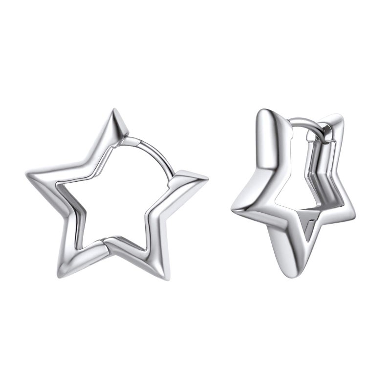 FindChic Star Earrings for Sensitive Ears, Platinum Plated Silver Star Hoop Earrings, Hypoallergenic Small Huggie Hoops with Sterling Silver Post, Lightweight Funky Cute Jewelry, Christmas Gifts - Image 1