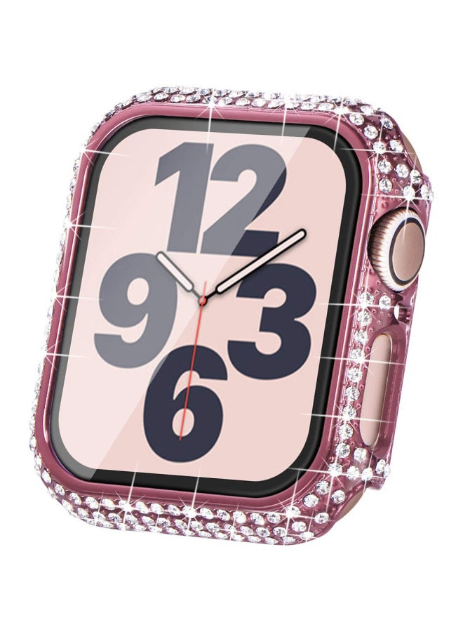 Applicable To For Iphone 8 Generation Shell Film Integrated Full Diamond Case For Apple Watch1-8/SE Electroplated Pc Diamond Protective Case-Color:Rose Pink-Appearance Size:44mm