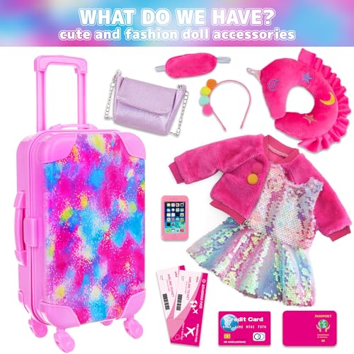 K. T. Fancy KT Fancy 18 Inch American Doll Clothes and Accessories Doll Travel Suitcase Playset for Girls Cute Travel Doll Clothes for 18 Inch Girl DollNot Include Doll Shoes Pink - Image 5
