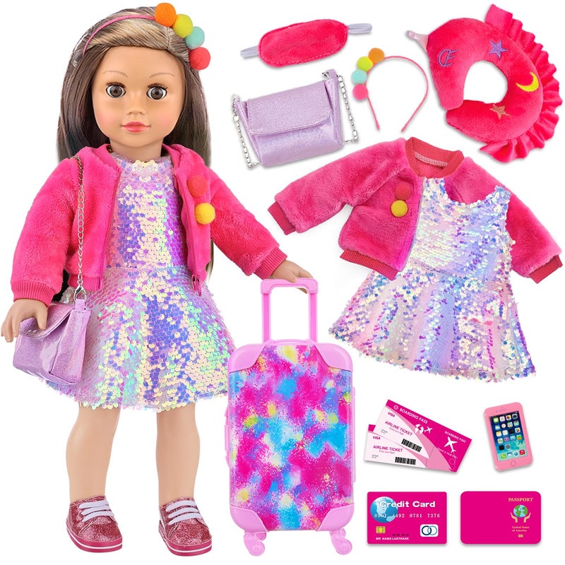 K. T. Fancy KT Fancy 18 Inch American Doll Clothes and Accessories Doll Travel Suitcase Playset for Girls Cute Travel Doll Clothes for 18 Inch Girl DollNot Include Doll Shoes Pink - Image 3