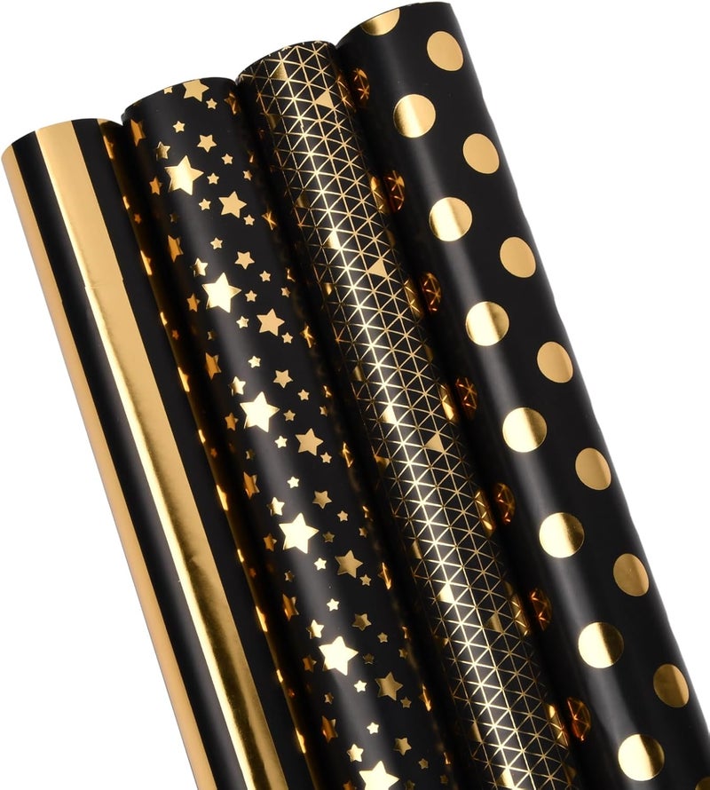 YILANJIN 4 Wrapping Paper Rolls, Birthday Wrapping Paper, Wrapping Paper Sheets, Wrap Paper Gift Wrapping Paper, Black Gold Wrapping Paper for Birthday, 50x70cm - Image 1