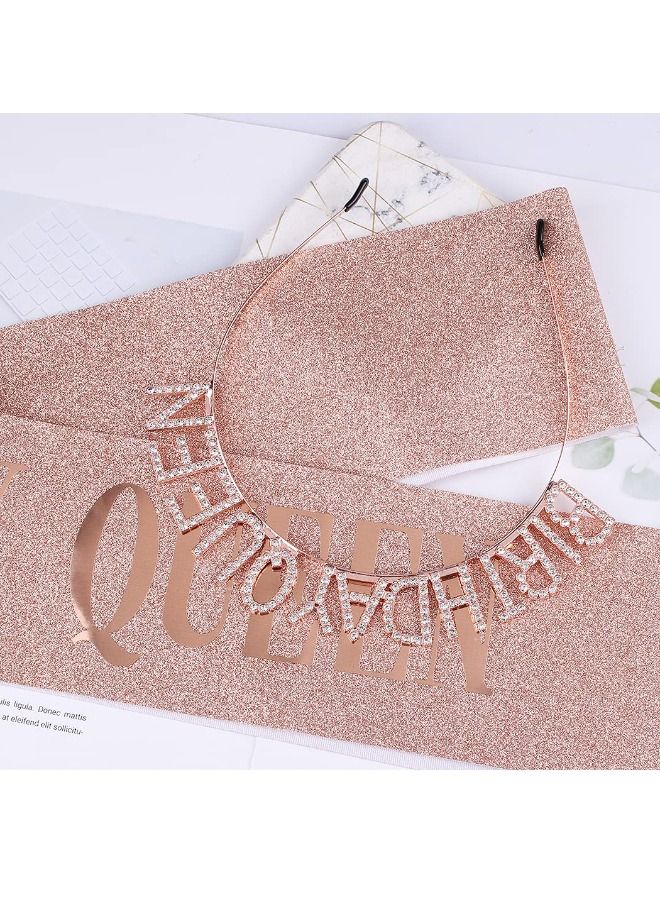 Birthday Queen Sash & Rhinestone Headband Set, Birthday Crowns for Girl, Rose Gold Glitter Birthday Sash Birthday Headband Gifts for Women Birthday Party Supplies - Image 3