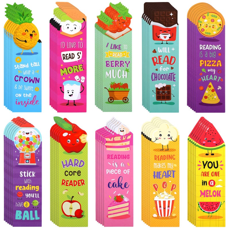 Eersida 60 Pieces Scratch and Sniff Scented Bookmarks Kids Fruit Food Theme Sayings Bookmarks Sayings Assorted Cute Scented Gifts for Students Teens Food Lovers, 10 Styles - Image 1