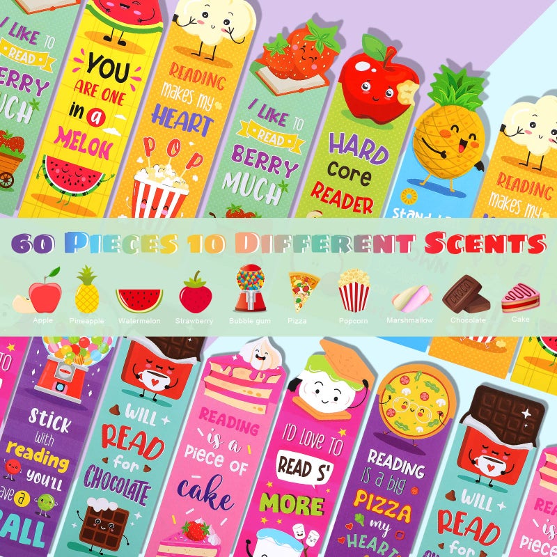 Eersida 60 Pieces Scratch and Sniff Scented Bookmarks Kids Fruit Food Theme Sayings Bookmarks Sayings Assorted Cute Scented Gifts for Students Teens Food Lovers, 10 Styles - Image 3