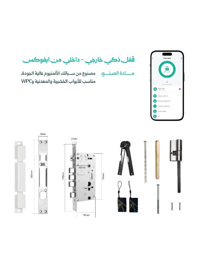 EVOCX Smart Door Lock made from high-quality aluminum alloy. Control via app, 6 entry methods: fingerprint, PIN code, Tuya app, card, one time code and mechanical key. Ideal for Airbnb, offices, and homes. Package includes lock size 6068. - Image 4