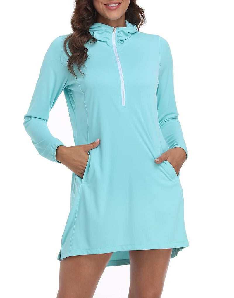 HDE Beach Coverups for Women UPF 50 Long Sleeve Swim Cover Up Dress with Hood Quick Dry Sun Protection Tunic with Pockets Blue - L - Image 1