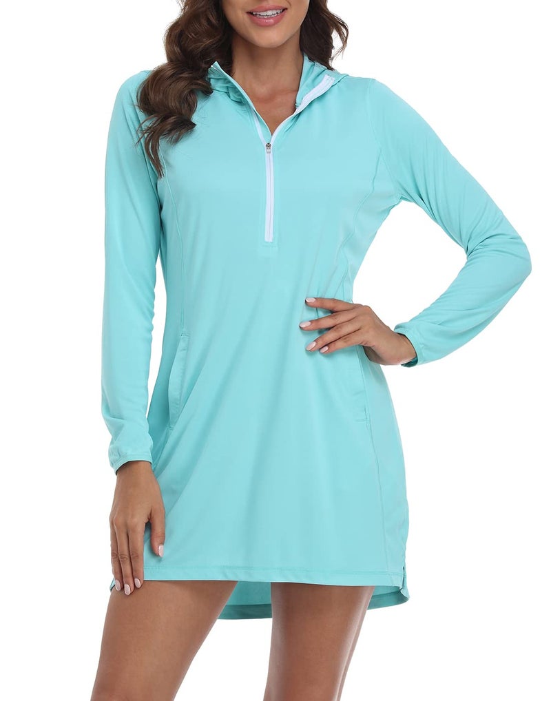 HDE Beach Coverups for Women UPF 50 Long Sleeve Swim Cover Up Dress with Hood Quick Dry Sun Protection Tunic with Pockets Blue - L - Image 5