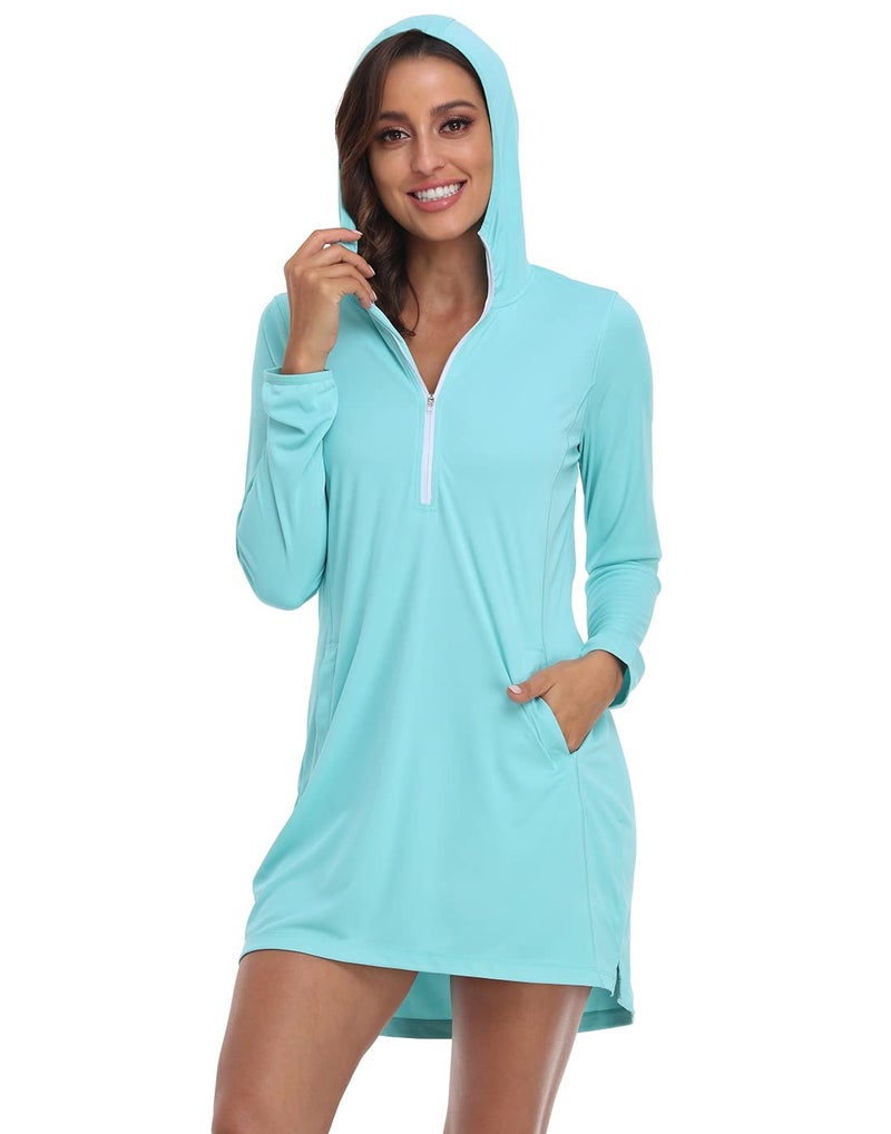 HDE Beach Coverups for Women UPF 50 Long Sleeve Swim Cover Up Dress with Hood Quick Dry Sun Protection Tunic with Pockets Blue - L - Image 2