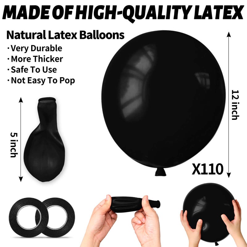 KUULBELA 110pcs Black Balloon 12 inch, Black Latex Balloons for Birthday Party Baby Shower Wedding(with 2 Ribbons). - Image 3