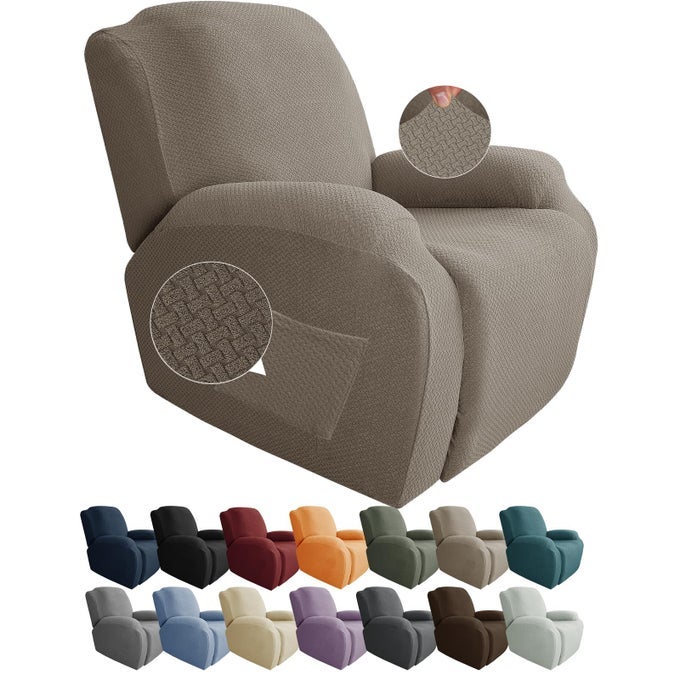 4PIECE RECLINER CHAIR COVERS STRETCH JACQUARD COVERS FOR RECLINING CHAIR RECLINER SLIPCOVERS FOR LIVING ROOM SOFT RECLINER PROTECTOR WITH POCKET RECLINER KHAKI
