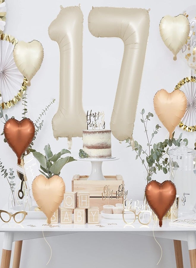 بيابيان بالون بيابيان كريمي مقاس 40 بوصة، رقم 17 بالون كبير مقاس 17 بوصة مع بالونات قلب من رقائق معدنية بلون بني فاتح وبيج محايد مقاس 17 بوصة للأولاد والبنات وحفلات أعياد الميلاد السابعة عشر وديكورات حفلات الذكرى السنوية على طراز بوهو - Image 5