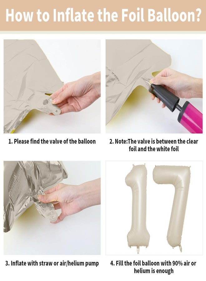 بيابيان بالون بيابيان كريمي مقاس 40 بوصة، رقم 17 بالون كبير مقاس 17 بوصة مع بالونات قلب من رقائق معدنية بلون بني فاتح وبيج محايد مقاس 17 بوصة للأولاد والبنات وحفلات أعياد الميلاد السابعة عشر وديكورات حفلات الذكرى السنوية على طراز بوهو - Image 4