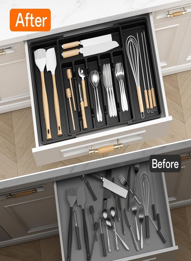 TOCINGO Adjustable Expandable Drawer Organizer for Kitchen Utensils – Large Cutlery & Silverware Tray Divider, BPA Free Multi-Compartment Drawer Storage for Kitchen, Office, Makeup & Tools (Black) - Image 3
