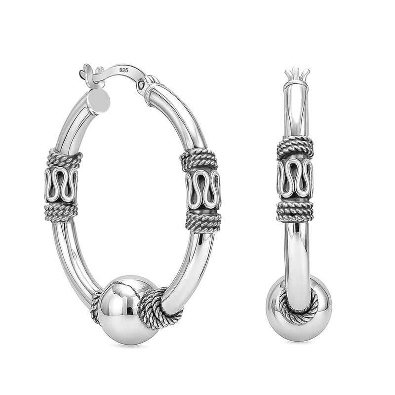 LeCalla 925 Sterling Silver Vintage Bali Hoop Earrings for Women | Rope Pattern & Antique Ball Accent | Women's Click-Top Hoop Earrings 22MM - Image 1