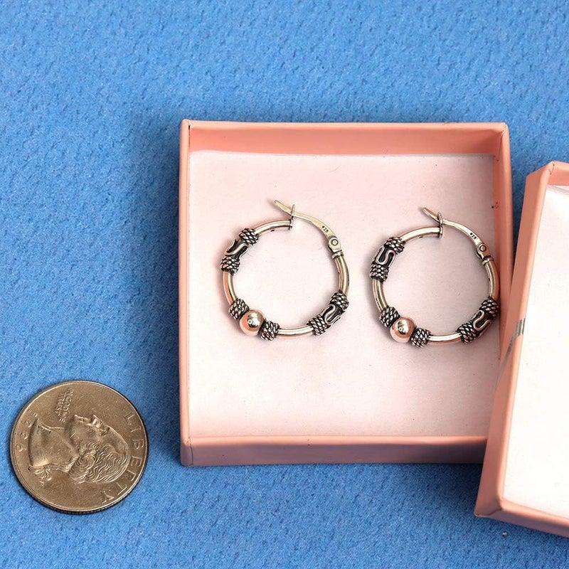 LeCalla 925 Sterling Silver Vintage Bali Hoop Earrings for Women | Rope Pattern & Antique Ball Accent | Women's Click-Top Hoop Earrings 22MM - Image 4