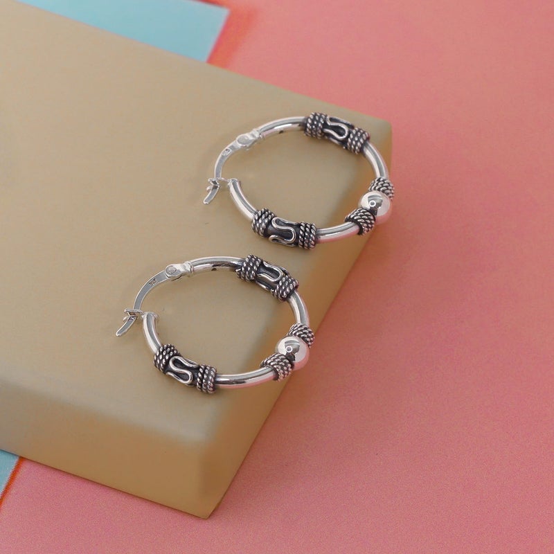 LeCalla 925 Sterling Silver Vintage Bali Hoop Earrings for Women | Rope Pattern & Antique Ball Accent | Women's Click-Top Hoop Earrings 22MM - Image 3