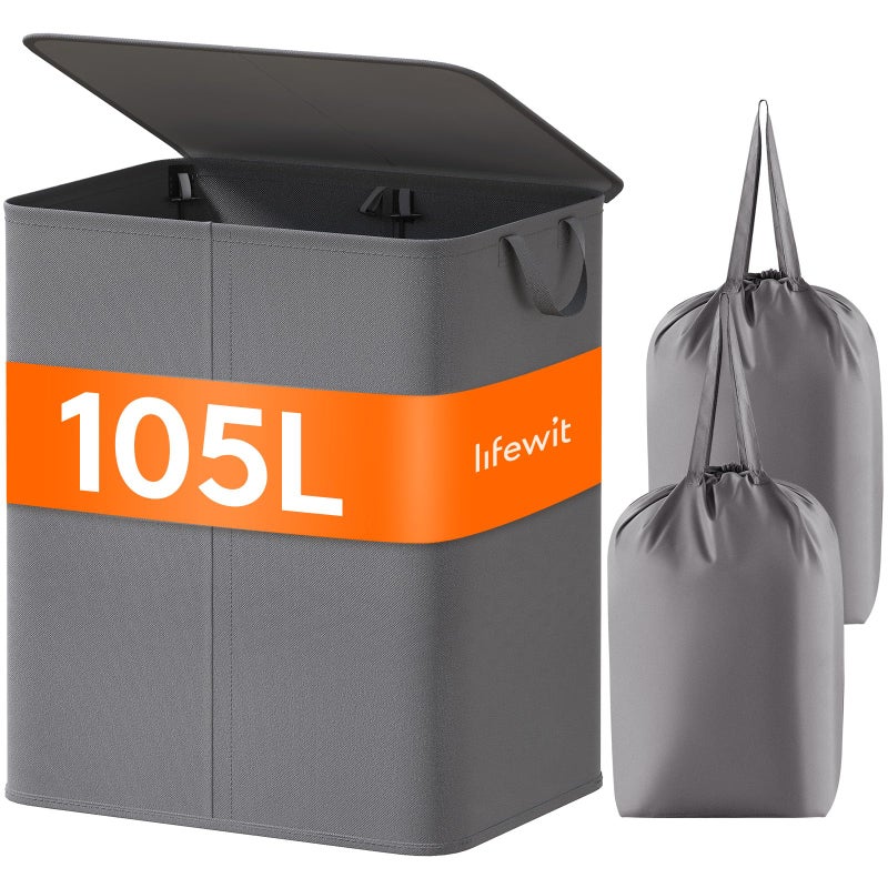 Lifewit 105L Laundry Basket with Lid Large Double Laundry Hamper 2 Section Dirty Clothes Hamper with 2 Removable Laundry Bags and Handles for Clothes Toys for Dorm Bedroom Laundry Sorting Grey