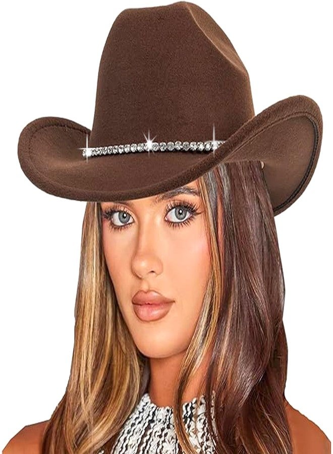 UTOWO Western Sparkly Rhinestone Cowgirl Hat Rolled Brim Western Felt Fedora Sparkly Glitter Cowboy Hat - Image 3