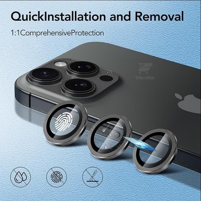 WonReza ® Pack 3 - Camera lens Protector Ring for iPhone 17 Pro Max 5G Camera Tempered Glass Aluminum Alloy Rings, Ultra-HD Metal Frame- Black - Image 3