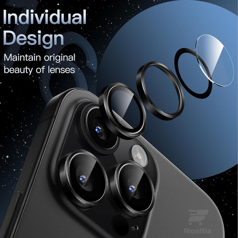 WonReza ® Pack 3 - Camera lens Protector Ring for iPhone 17 Pro Max 5G Camera Tempered Glass Aluminum Alloy Rings, Ultra-HD Metal Frame- Black - Image 2