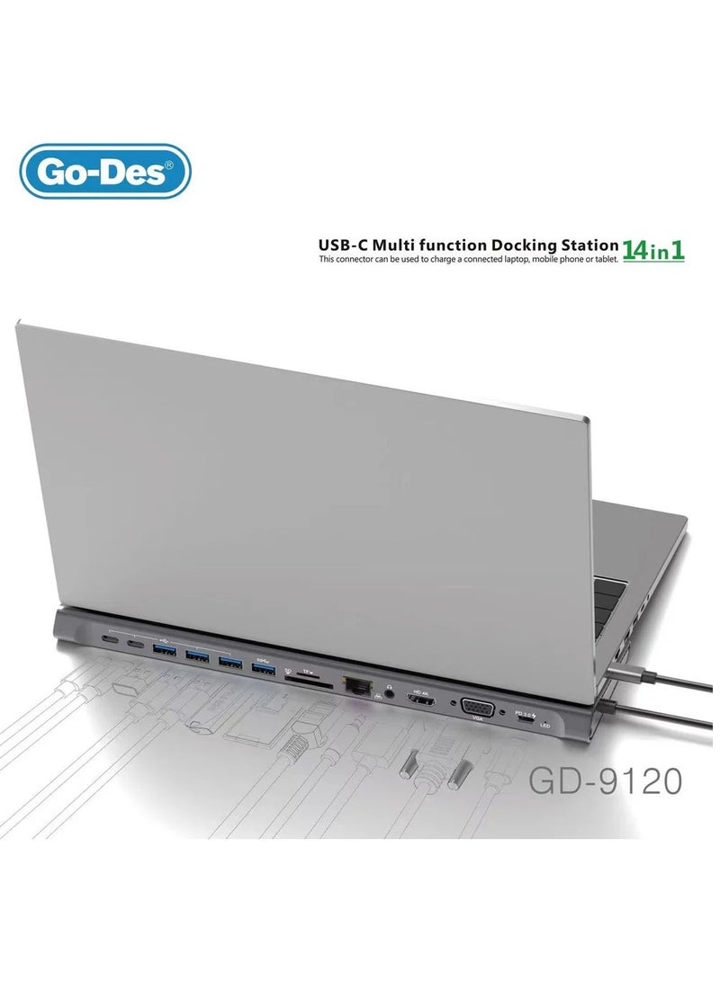 GO-DES 14in1 USB C Type-C  Hub docking station 3.5mm  Go-Des PD Charging Adapter For MacBook Pro And Huawei - Image 3