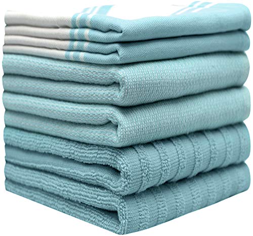 Bumble Towels Premium Kitchen Towels (20”x 28”, 6 Pack) | Large Cotton Dish Towels | Flat & Terry Highly Absorbent Kitchen Linen Set with Hanging Loop | Wide Stripe Aqua - Image 2