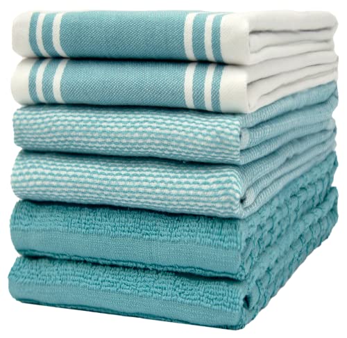 Bumble Towels Premium Kitchen Towels (20”x 28”, 6 Pack) | Large Cotton Dish Towels | Flat & Terry Highly Absorbent Kitchen Linen Set with Hanging Loop | Wide Stripe Aqua - Image 1