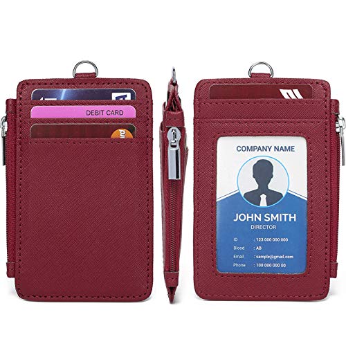 Leamekor ID Badge Holder with Neck Lanyard PU Leather ID Badge Wallet Case with 1 ID Window, 4 Card Slots, 1 Side Zipper Pocket (Red) - Image 3