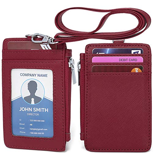 Leamekor ID Badge Holder with Neck Lanyard PU Leather ID Badge Wallet Case with 1 ID Window, 4 Card Slots, 1 Side Zipper Pocket (Red) - Image 1