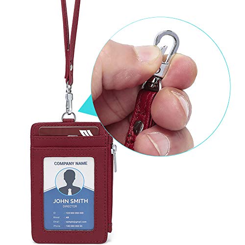Leamekor ID Badge Holder with Neck Lanyard PU Leather ID Badge Wallet Case with 1 ID Window, 4 Card Slots, 1 Side Zipper Pocket (Red) - Image 5