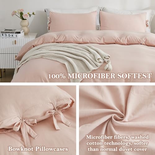 annadaif Pink Duvet Cover Queen (90x90 Inch), 3 Pieces (1 Duvet Cover, 2 Pillowcases) Soft Washed Microfiber Bowknot Bow Tie Duvet Cover Set, Easy Care Bedding Set for Men, Women - Image 3