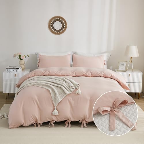 annadaif Pink Duvet Cover Queen (90x90 Inch), 3 Pieces (1 Duvet Cover, 2 Pillowcases) Soft Washed Microfiber Bowknot Bow Tie Duvet Cover Set, Easy Care Bedding Set for Men, Women - Image 1